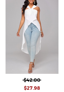 Cross Hem V Neck Sleeveless White Blouse