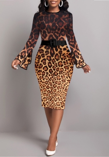 Leopard Contrast Binding Dark Coffee Bodycon Dress
