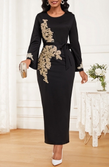 Tribal Print Embroidery Belted Black Maxi Bodycon Dress