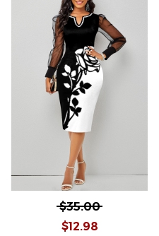 Mesh Stitching Black Floral Print Dress