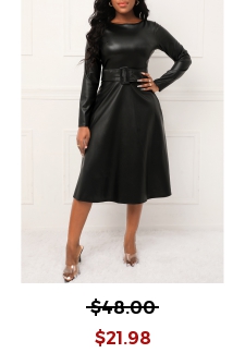 Faux Leather Belted Black Boat Neck Dress