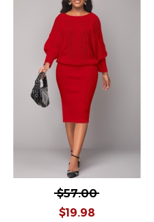 Boat Neck Red Long Sleeve Bodycon Dress
