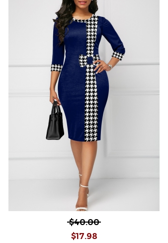 Houndstooth Print Bowknot Navy Knee Length Bodycon Dress
