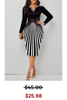 Geometric Print Split Black Long Sleeve Bodycon Dress