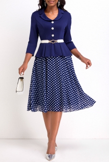 Polka Dot Fake 2in1 Navy Lapel Dress