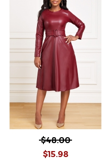 Faux Leather Belted Wine Red Boat Neck Dress