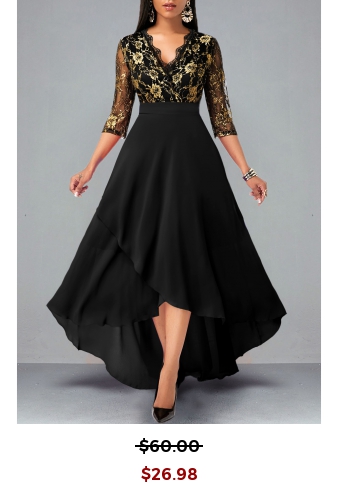 Floral Lace Patchwork High Low Black Dress