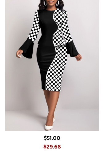 Polka Dot Patchwork Black Long Sleeve Bodycon Dress