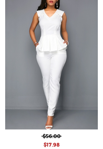 White V Neck Sleeveless Peplum Jumpsuit