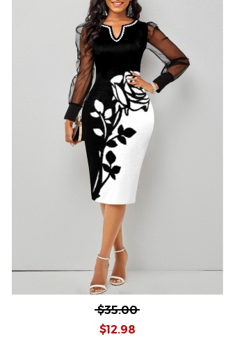 Mesh Stitching Black Floral Print Dress