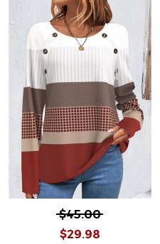 Geometric Print Patchwork Wine Red Round Neck Sweatshirt