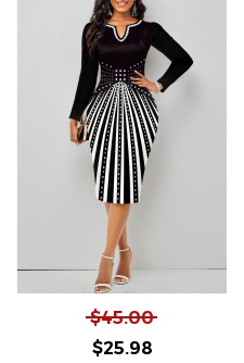 Geometric Print Split Black Long Sleeve Bodycon Dress