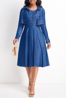 Two-Piece Denim Blue Turn Down Collar Dress and Cardigan