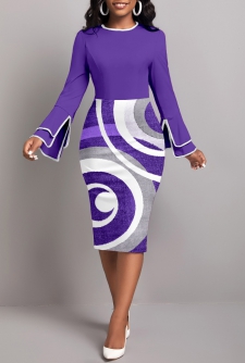 Geometric Print Patchwork Purple Long Sleeve Dress