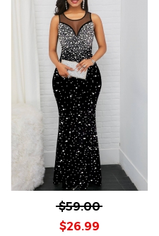 White Polka Dot Mesh Black Sleeveless Maxi Bodycon Dress