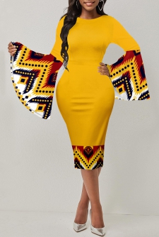 Tribal Print Patchwork Ginger Long Sleeve Bodycon Dress