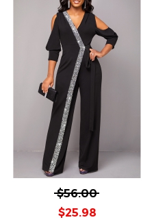 Metal Ring Black Cold Shoulder V Neck Jumpsuit