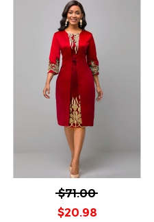 Round Neck 3/4 Sleeve Embroidered Red Dress