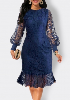 Lace Scoop Neck Long Sleeve Navy Bodycon Dress