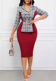 Plaid Patchwork Light Grey Marl Lapel Dress