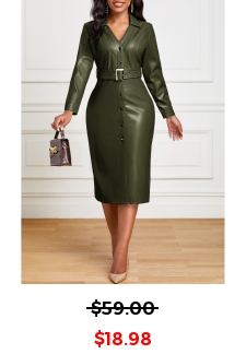 Belted Blackish Green Long Sleeve Bodycon Dress