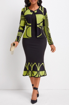 Geometric Print Mermaid Avocado Green Two Piece Suit Dress and Cardigan