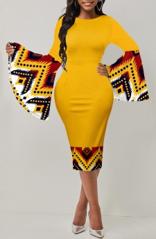 Tribal Print Patchwork Ginger Long Sleeve Bodycon Dress
