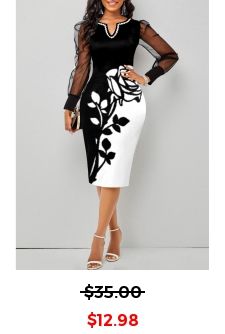 Mesh Stitching Black Floral Print Dress