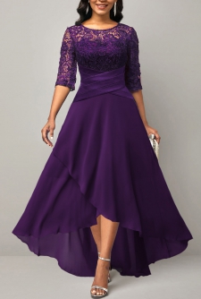Lace Patchwork Half Sleeve Purple Dress