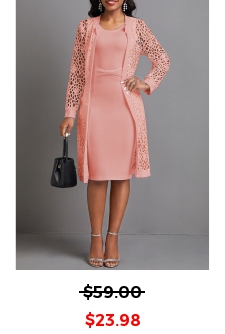 Round Neck Two Piece Pink Long Sleeve Dress and Cardigan