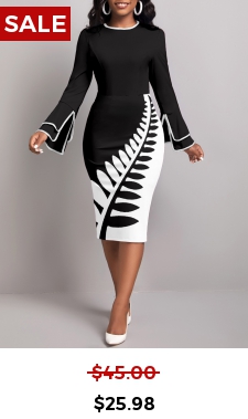Leaf Print Split Black Long Sleeve Dress