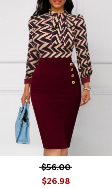Striped Button Wine Red Tie Collar Bodycon Dress