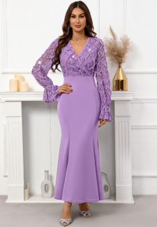 Sequin Purple Maxi Long Sleeve V Neck Bodycon Dress