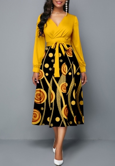 Geometric Print Tie Belted Ginger Long Sleeve Dress