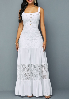Lace Patchwork Ruffle Hem Button Detail Dress