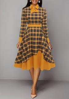 Plaid Patchwork Orange Tie Collar Long Sleeve Dress