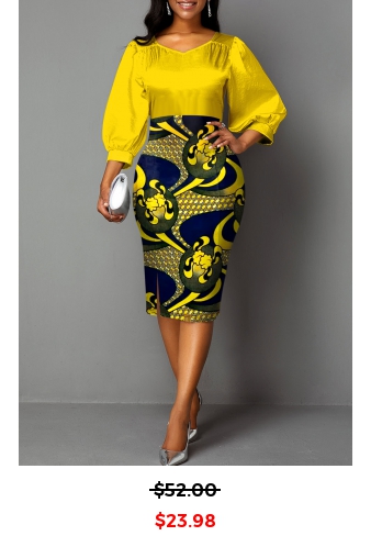 Tribal Print Patchwork Yellow Bodycon Neck Round Dress