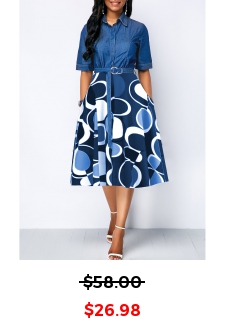 Geometric Print Circular Ring Belted Denim Blue Dress