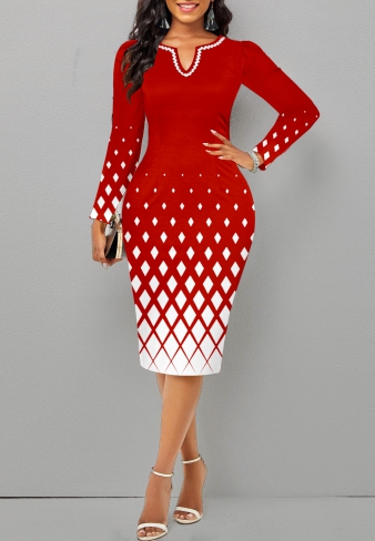 Geometric Print Split Christmas Red Long Sleeve Dress