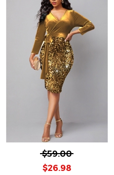 Long Sleeve V Neck Golden Sequin Dress