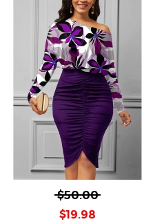 Shirred Floral Print Purple Bodycon Dress