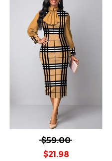 Plus Size Plaid Patchwork Light Camel Stand Collar Bodycon Dress