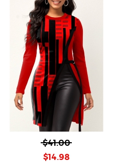 Geometric Print Split Red Round Neck T Shirt