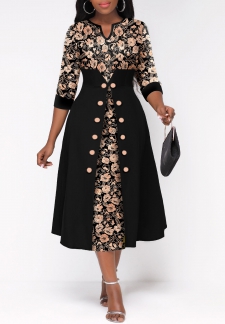 Random Floral Print Button Black Split Neck Dress