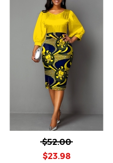 Tribal Print Patchwork Yellow Bodycon Neck Round Dress