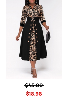 Random Floral Print Button Black Split Neck Dress