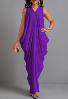 Split O Shape V Neck Purple Maxi Dress