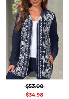 Paisley Print Pocket Navy Hooded Long Sleeve Coat