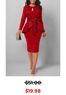 Contrast Binding Belted Red Round Neck Bodycon Dress
