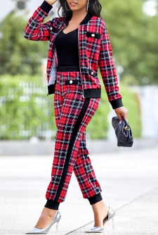 Plaid Red Long Sleeve Zipper Sweatsuit Set